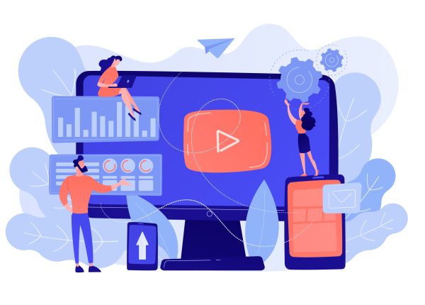 PPC advertising managers work with websites. PPC campaign, pay-per-click model, internet marketing tools, search engine advertising concept. Pinkish coral bluevector isolated illustration